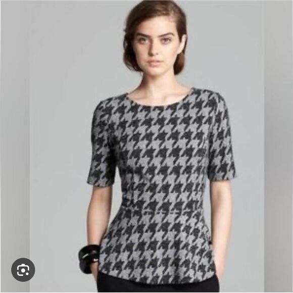 Theory XS Petite Houndstooth Peplum Blouse Metallic Gray Black Academia 2000s - Picture 1 of 7